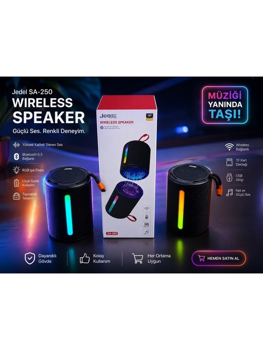 SA-250 LED Aydınlatmalı ve Manyetik 2'si 1 Arada Tasarımlı Bluetooth Stereo Hoparlör